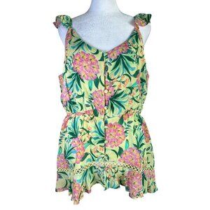 Farm‎ Rio Anthropologie Ruffled Tank Top Size Large Yellow Multi V Neck Cover Up